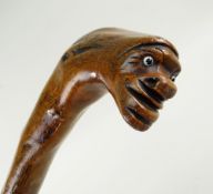 19TH CENTURY PROVINCIAL FOLK ART WALKING STICK, the naturally curved handle carved with a head
