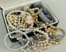 ASSORTED COSTUME JEWELLERY comprising 9ct gold cameo brooch, various pearls, costume bracelets and
