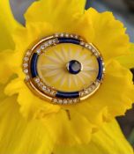 18CT GOLD SAPPHIRE, DIAMOND, GLASS & ENAMEL BAR BROOCH of oval shape, 9.6gms Condition Report: