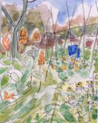 ELLA WILDING pen & watercolour Entitled 'Red Hot Pokers' 26cm x 31cm glazed and framed in grey