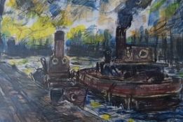 RAY THOMAS mixed media Queen Alexandra Dock, Cardiff, 43cm x 33cm, Glazed white frame