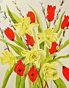 SUE TRUSLER watercolour Entitled 'Daffodils' 31cm x 39cm glazed white frame