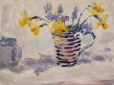 LYNNE CARTLIDGE oil on board Entitled 'Spring flowers in a striped Mug' 58cm x 48cm white frame