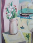 EMRYS WILLIAMS oil on linen Entitled 'Flowers at the Window' 41cm x 51cm framed in white
