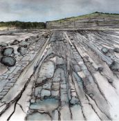 LISA HENDERSON pen & pastel Entitled 'The Beach at Llantwit Major 43cm x 43cm mounted & glazed in