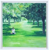 MORWENNA JONES oil on canvas Entitled 'Solitary Girl in Park' 45cm x 45cm floating white frame