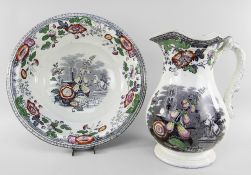 AN YNYSMEUDWY POTTERY 'FOUNTAIN' TOILET JUG & BASIN the jug of baluster form with spreading foot,