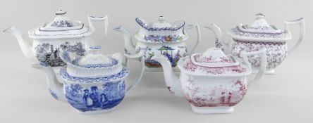 FIVE CAMBRIAN POTTERY TEAPOTS WITH VARIOUS TRANSFERS including blue and white 'Women with
