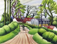 LESLIE MOORE watercolour - figure collecting wood on a track, title bottom left 'Glamorgan Farm',