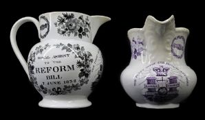 TWO 1832 GLAMORGAN POTTERY POLITICAL REFORM JUGS comprising an example of bellied form with