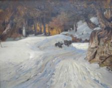 ALFRED OLIVER oil on board - woodland track with deep snow and setting sun through trees, signed, 37