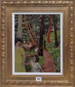 JOHN ELWYN front and back painted oil on board - figures in woodland /hens and chicken-shed, circa