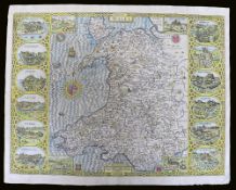 JOHN SPEED coloured antiquarian map of 'Wales', Basset & Chiswell Edition, 1676, map flanked by