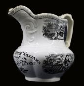 A MOULDED GLAMORGAN POTTERY NAMED JUG with Rural Series transfers in black and inscribed in black