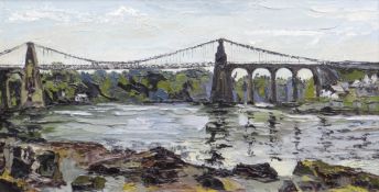 ROWENA WYN JONES (1916-2003) oil on board - Menai Straits with Telford's Suspension Bridge, entitled
