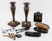 GROUP OF INTERESTING JAPANNED TÔLE WARE CURIOS BELIEVED PONTYPOOL OR USK comprising (1)pair of