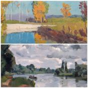 IVOR WILLIAMS (1908-1982) two oils on board - river scenes, entitled 'The Thames at Kew', 25 x 34cms