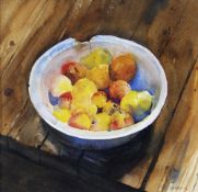 ROB PIERCY watercolour - still-life of fruit in a bowl, signed, 26 x 26cms Provenance: private