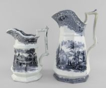 TWO YNYSMEUDWY POTTERY OCTAGONAL JUGS both printed in black transfer, the larger in the 'Livinium'