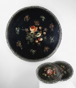 A TÔLE WARE PONTYPOOL CIRCULAR TRAY & TWO OVAL SMALLER SIMILAR each with pierced gallery, 57cms diam
