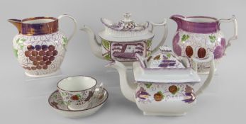 GROUP OF FIVE GLAMORGAN POTTERY PINK LUSTRE WARES comprising teapot decorated with strawberries,