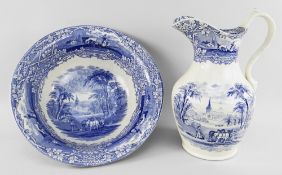 AN YNYSMEUDWY POTTERY WASH JUG & BOWL the jug of baluster form with narrow neck and snaking loop