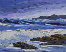 DAVID BARNES oil on canvas - coastal scene with big waves and headland, signed with initials, 40 x