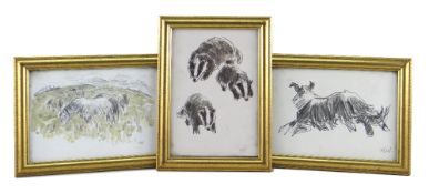 SIR KYFFIN WILLIAMS RA three signed prints - (1) ponies grazing, (2) three stalking badgers and (