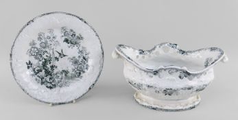 A SWANSEA CAMBRIAN POTTERY TRANSFER DECORATED CHESTNUT BASKET and matching transfer plate, the