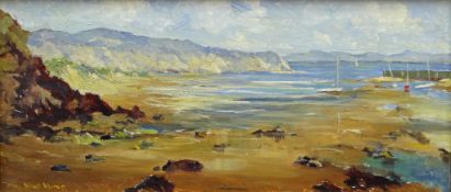 CHARLES WYATT WARREN oil on board - entitled verso 'Abersoch Harbour', signed, 24 x 53cms