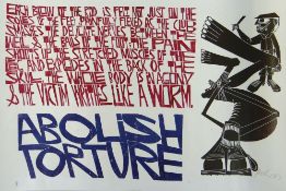 PAUL PETER PIECH three colour lithograph - 'Abolish Torture' with passage by Greek author and