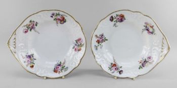 A PAIR OF NANTGARW PORCELAIN SHELL HANDLED DISHES of lobed form, having moulded handle and borders