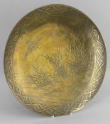 JAPANESE BRONZE DISH BY THE HAMADA STUDIO, Meiji Period, decorated with four tsuru amongst reeds