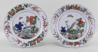 PAIR CHINESE FAMILLE VERTE PORCELAIN PLATES, Kangxi, centres decorated with golden pheasants on