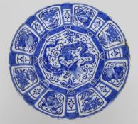LARGE DUTCH DELFT 'KRAAK' STYLE BLUE & WHITE CHARGER, c. 1700, painted in the Chinese style with two