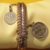 YELLOW METAL ARTICULATED BRACELET set with two Estados Unidos Mexicanos coins engraved 'David 12-