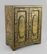 19TH CENTURY CHINESE BLACK & GOLD LACQUER TABLE CABINET, decorated all over with figure in