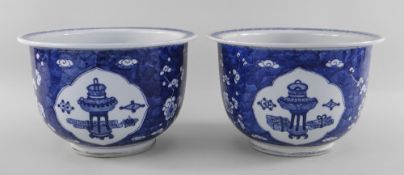 PAIR CHINESE BLUE & WHITE PORCELAIN '100 ANTIQUES' HAWTHORN JARDINIERES, 19th Century, painted in