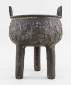 CHINESE ARCHAISTIC BRONZE TRIPOD VESSEL, DING, 18th/19th Century, oval bellied form with upright