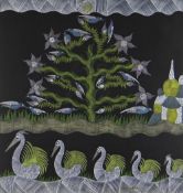 SCOTTIE WILSON RSA RSW (1889-1972) mixed media on paper - flowering tree, birds, house, signed, 47.5