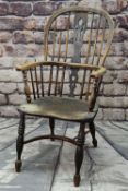 19TH CENTURY ELM & ASH WINDSOR CHAIR, pierced splat and spindle back, bowed arms, saddle seat,