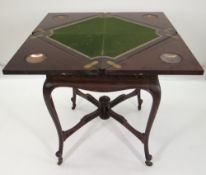EDWARDIAN MAHOGANY ENVELOPE CARD TABLE, baize interior with gilt tooled leather border, copper
