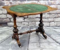 MID-VICTORIAN BURR WALNUT FOLDOVER CARD TABLE, the serpentine top internally inlaid in velvet, on
