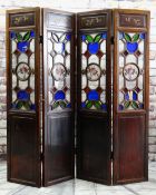 CHINESE SOFTWOOD & GLASS FOUR-LEAF SCREEN, top panels with carved pomegranate branches, above