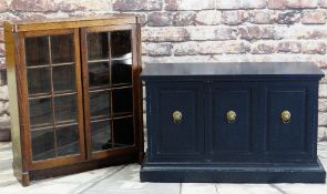 EARLY 20TH CENTURY OAK BOOKCASE & PAINTED CABINET, bookcase with glazed doors and reeded uprights,