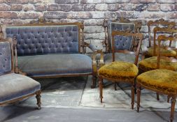 LATE VICTORIAN WALNUT & AMBOYNA MARQUETRY SALON SUITE, comprising settee, ladies and gentleman's