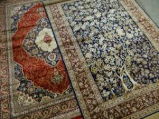 TWO MODERN ORIENTAL SIMULATED SILK RUGS, one a tree of life design in ivory and indigo, 232 x