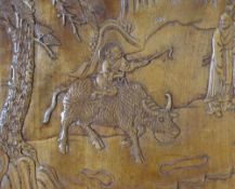 PAIR CHINESE SOFTWOOD CARVED CUPBOARD DOORS, each panel depicting figures in landscape, pavilions,