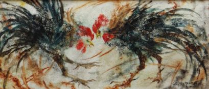 JACQUI NEWMAN oil on board - fighting cocks, signed, 39 x 91cms Presentation & Condition: good