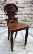 GEORGE IV GILLOWS-STYLE MAHOGANY HALL CHAIR, scallop shell moulded back above C-scrolls, boar's head